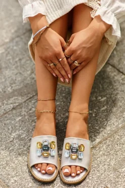 Outlet Klapki Damskie Z Ozdobami S.Barski KV27-031 Beżowe Damskie Klapki Damskie Klasyczne