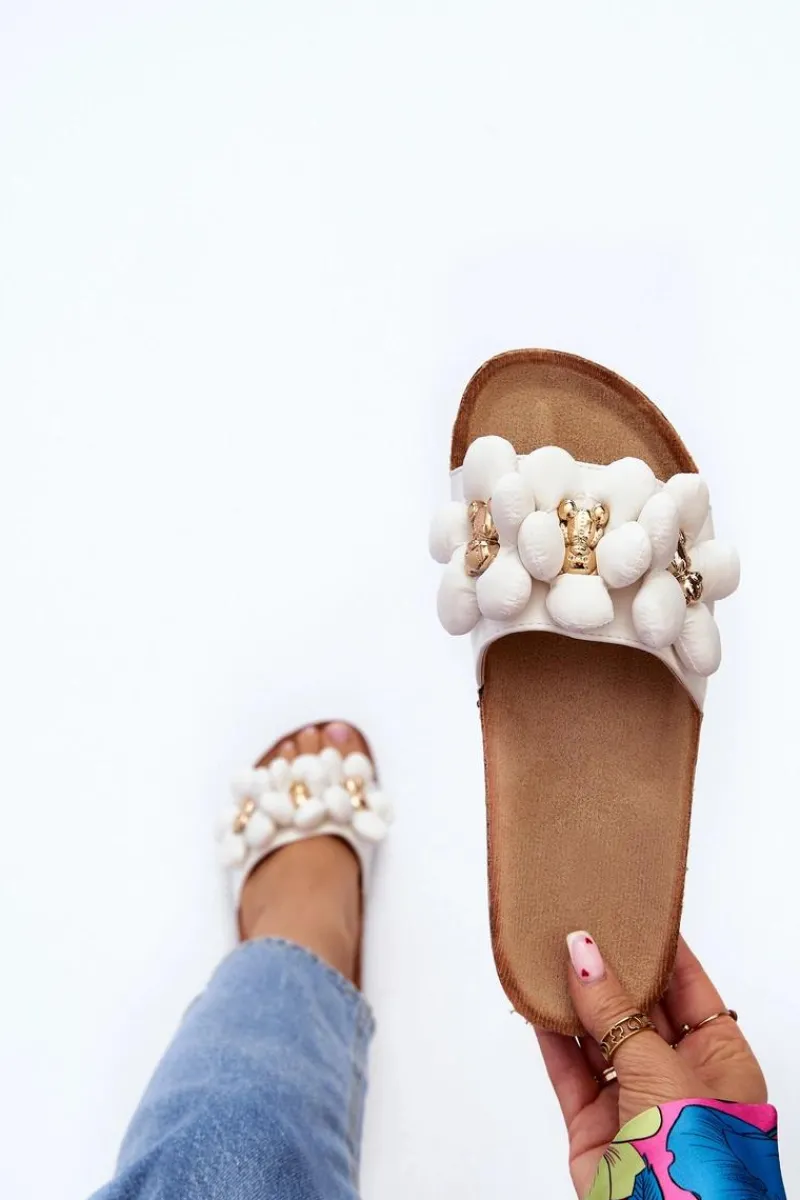 Klapki Damskie Klasyczne>Boto Klapki Damskie Z Ozdobami Białe Bunlia Biały