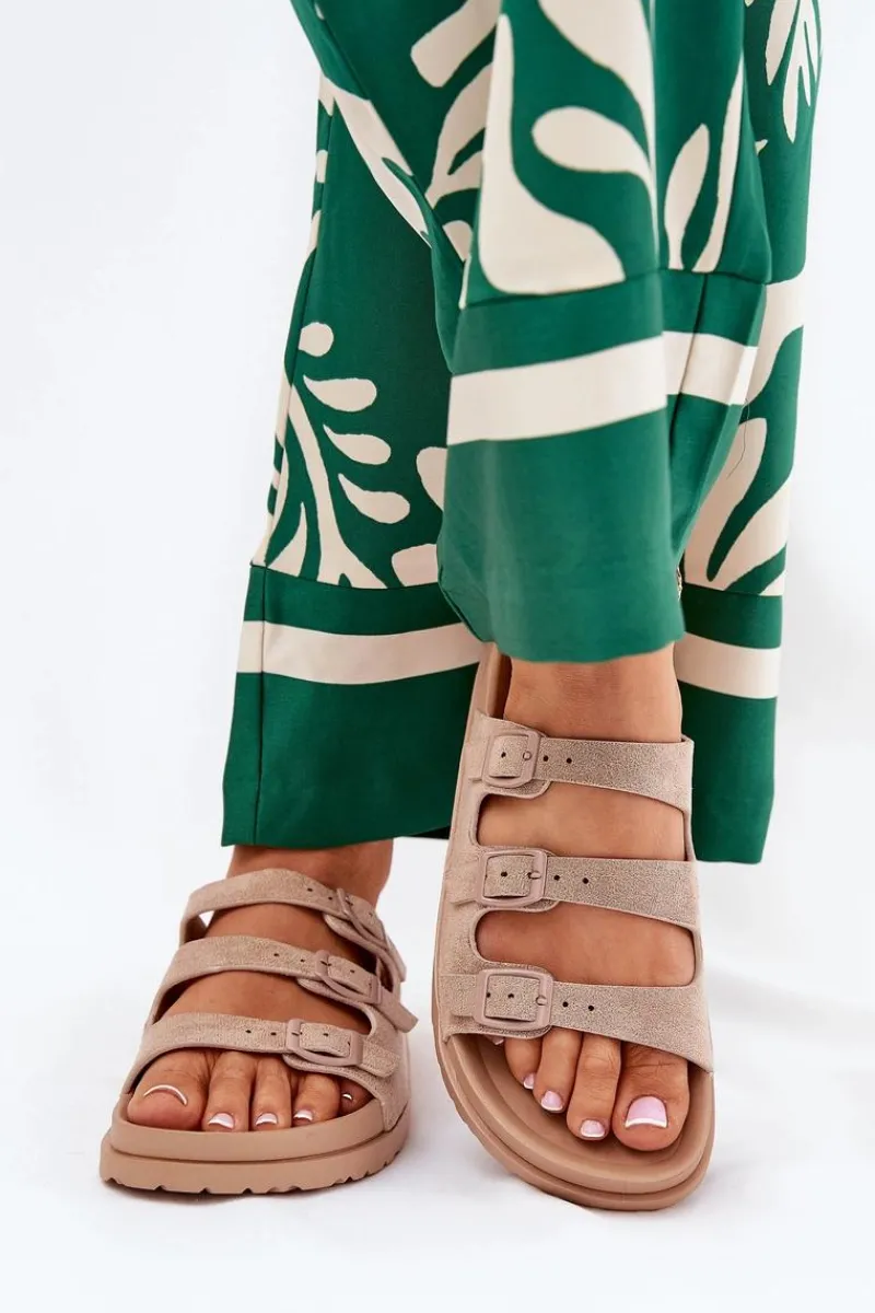 New Boto Klapki Damskie Z Paskami I Klamrami Beżowe Uliri Beżowy