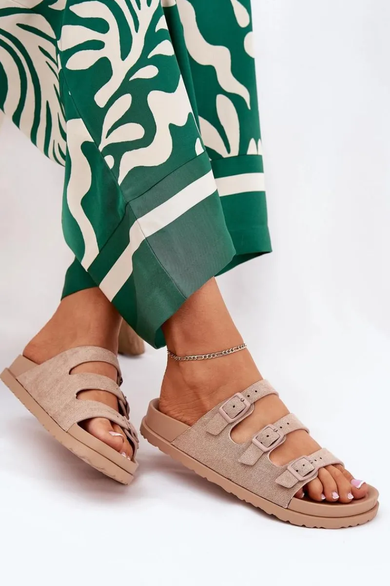 New Boto Klapki Damskie Z Paskami I Klamrami Beżowe Uliri Beżowy