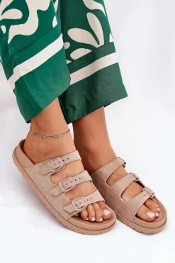 New Boto Klapki Damskie Z Paskami I Klamrami Beżowe Uliri Beżowy