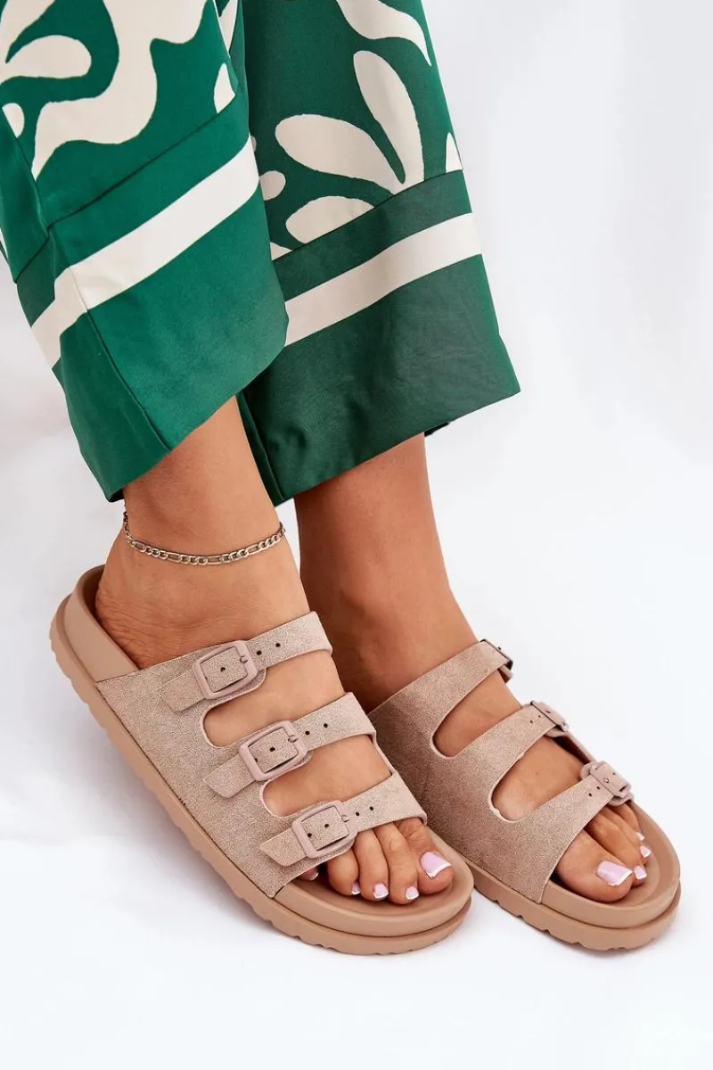 New Boto Klapki Damskie Z Paskami I Klamrami Beżowe Uliri Beżowy