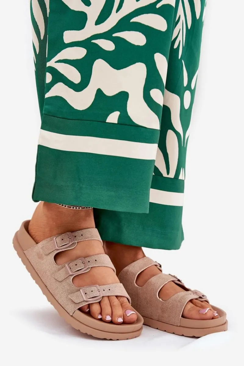 New Boto Klapki Damskie Z Paskami I Klamrami Beżowe Uliri Beżowy