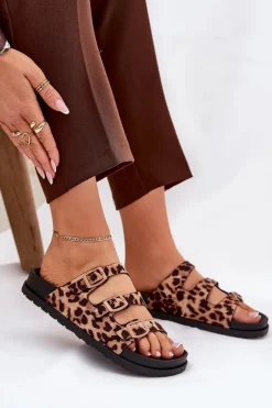 Klapki Korkowe|Klapki Na Platformie>Boto Klapki Damskie Z Paskami I Klamrami W Panterkę Brązowe Uliri Brązowy