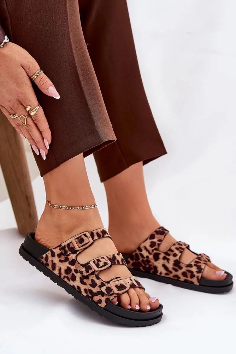 Klapki Korkowe|Klapki Na Platformie>Boto Klapki Damskie Z Paskami I Klamrami W Panterkę Brązowe Uliri Brązowy