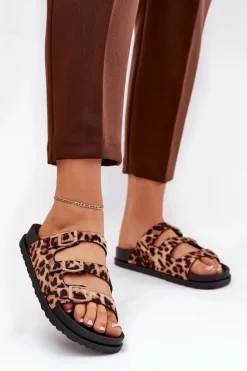 Klapki Korkowe|Klapki Na Platformie>Boto Klapki Damskie Z Paskami I Klamrami W Panterkę Brązowe Uliri Brązowy
