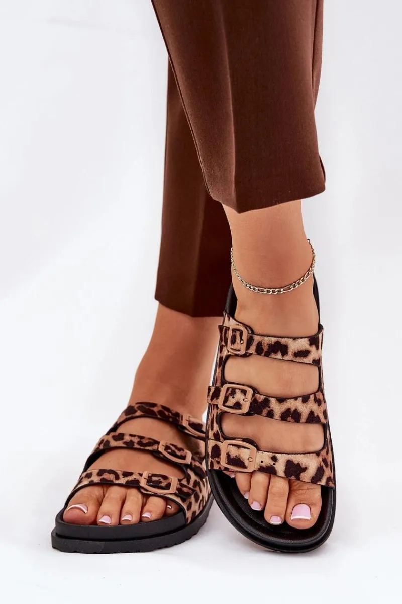 Klapki Korkowe|Klapki Na Platformie>Boto Klapki Damskie Z Paskami I Klamrami W Panterkę Brązowe Uliri Brązowy