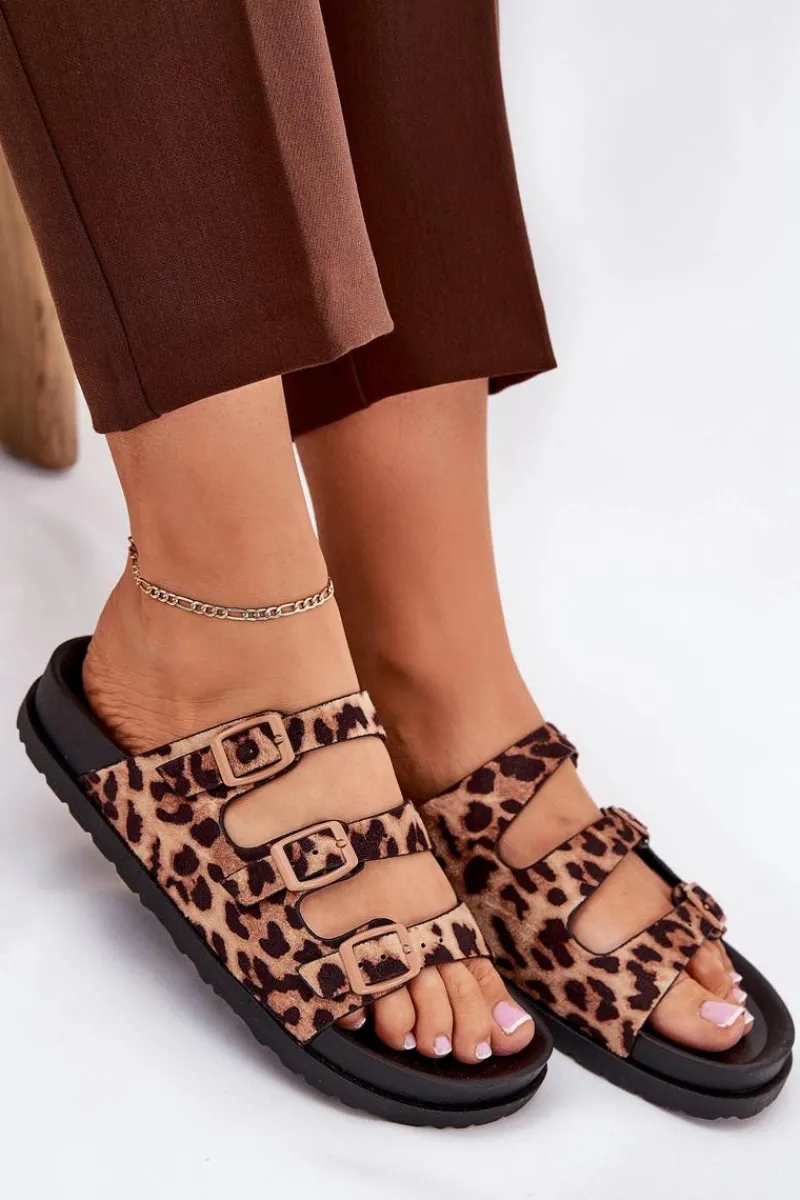 Klapki Korkowe|Klapki Na Platformie>Boto Klapki Damskie Z Paskami I Klamrami W Panterkę Brązowe Uliri Brązowy