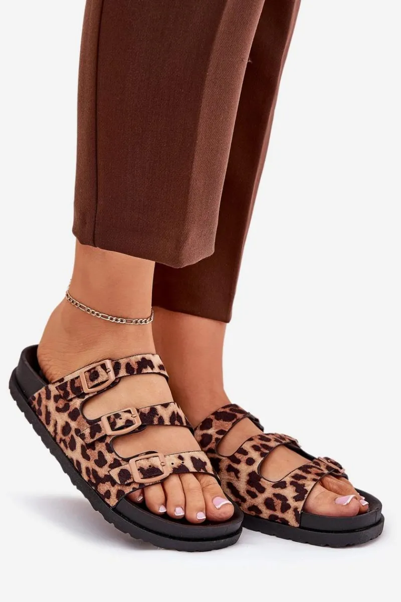 Klapki Korkowe|Klapki Na Platformie>Boto Klapki Damskie Z Paskami I Klamrami W Panterkę Brązowe Uliri Brązowy
