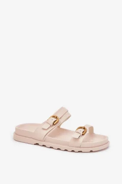 Discount Boto Klapki Damskie Z Paskami I Złotymi Klamrami Jasnobeżowe Selana