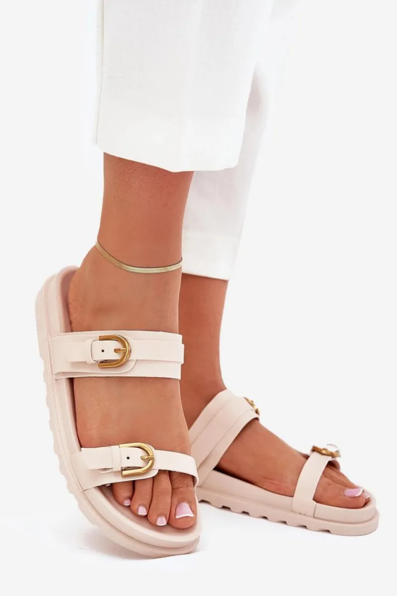 Discount Boto Klapki Damskie Z Paskami I Złotymi Klamrami Jasnobeżowe Selana