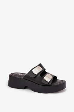 Sale Klapki Damskie Z Paskami Eko Skórzane Czarne Falenisse Damskie Klapki Na Platformie|Klapki Damskie Klasyczne