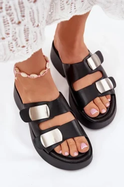 Sale Klapki Damskie Z Paskami Eko Skórzane Czarne Falenisse Damskie Klapki Na Platformie|Klapki Damskie Klasyczne