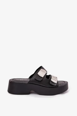 Sale Klapki Damskie Z Paskami Eko Skórzane Czarne Falenisse Damskie Klapki Na Platformie|Klapki Damskie Klasyczne