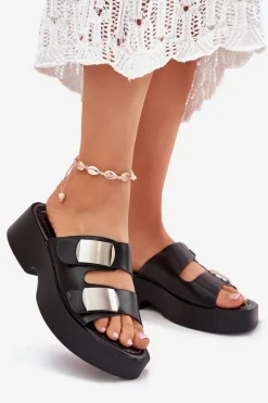 Sale Klapki Damskie Z Paskami Eko Skórzane Czarne Falenisse Damskie Klapki Na Platformie|Klapki Damskie Klasyczne