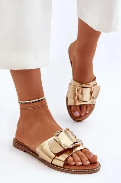 Klapki Damskie Klasyczne>Boto Klapki Damskie Z Paskiem I Klamrą Złote Opahiri