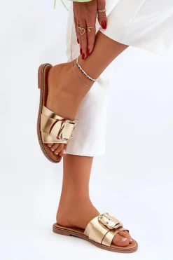 Klapki Damskie Klasyczne>Boto Klapki Damskie Z Paskiem I Klamrą Złote Opahiri