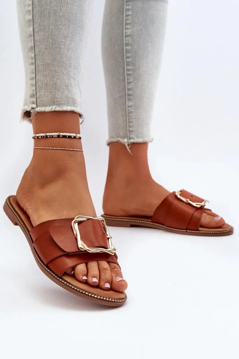 Sale Boto Klapki Damskie Z Paskiem I Klamrą Camel Opahiri