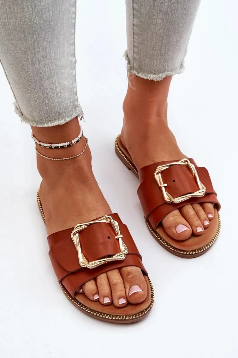 Sale Boto Klapki Damskie Z Paskiem I Klamrą Camel Opahiri