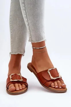 Sale Boto Klapki Damskie Z Paskiem I Klamrą Camel Opahiri