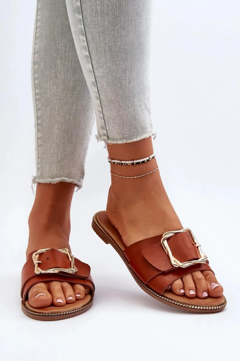 Sale Boto Klapki Damskie Z Paskiem I Klamrą Camel Opahiri