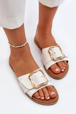 Sale Boto Klapki Damskie Z Paskiem I Klamrą Białe Opahiri