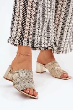 Klapki Na Obcasie|Klapki Damskie Klasyczne>Boto Klapki Damskie Z Plecionką Na Obcasie Złote Ciariloria