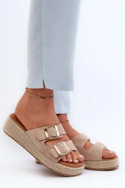 Klapki Damskie Klasyczne>Boto Klapki Damskie Z Plecionką Eko Zamszowe Beżowe Zaloemi