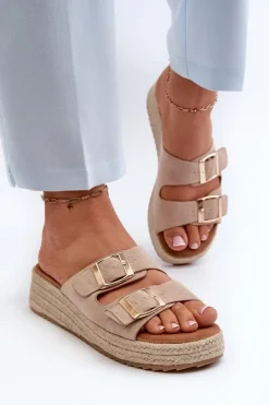 Klapki Damskie Klasyczne>Boto Klapki Damskie Z Plecionką Eko Zamszowe Beżowe Zaloemi