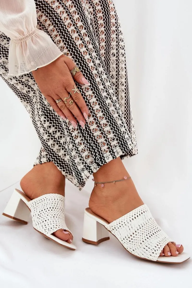 Hot Klapki Damskie Z Plecionką Na Obcasie Białe Ciariloria Damskie Klapki Na Obcasie|Klapki Damskie Klasyczne