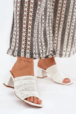 Hot Klapki Damskie Z Plecionką Na Obcasie Białe Ciariloria Damskie Klapki Na Obcasie|Klapki Damskie Klasyczne