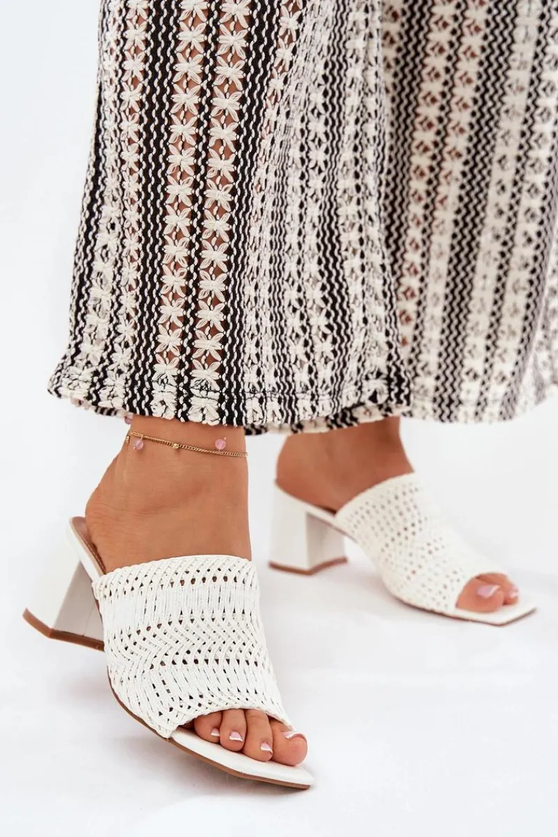 Hot Klapki Damskie Z Plecionką Na Obcasie Białe Ciariloria Damskie Klapki Na Obcasie|Klapki Damskie Klasyczne