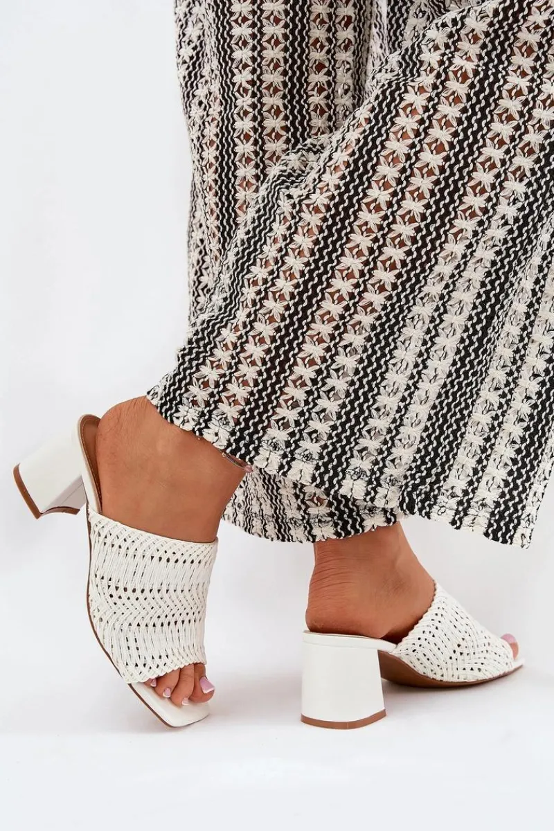 Hot Klapki Damskie Z Plecionką Na Obcasie Białe Ciariloria Damskie Klapki Na Obcasie|Klapki Damskie Klasyczne