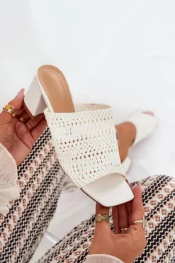 Hot Klapki Damskie Z Plecionką Na Obcasie Białe Ciariloria Damskie Klapki Na Obcasie|Klapki Damskie Klasyczne