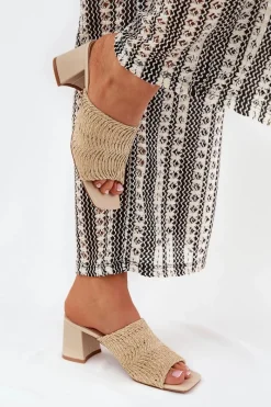 New Boto Klapki Damskie Z Plecionką Na Obcasie Beżowe Ciariloria Beżowy