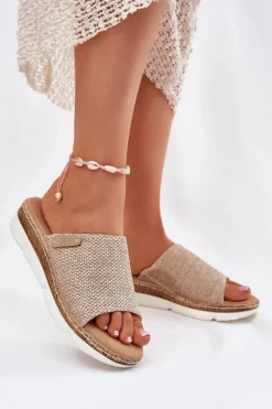 Hot Boto Klapki Damskie Z Plecionką Na Koturnie Beżowe Norozi
