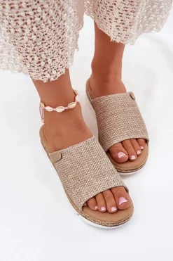 Hot Boto Klapki Damskie Z Plecionką Na Koturnie Beżowe Norozi