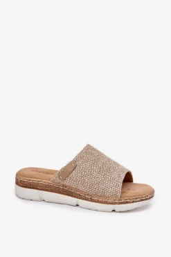 Hot Boto Klapki Damskie Z Plecionką Na Koturnie Beżowe Norozi