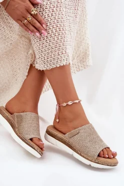 Hot Boto Klapki Damskie Z Plecionką Na Koturnie Beżowe Norozi