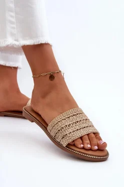 New Klapki Damskie Z Plecionką Na Płaskim Obcasie Beżowe Radians Damskie Klapki Damskie Klasyczne