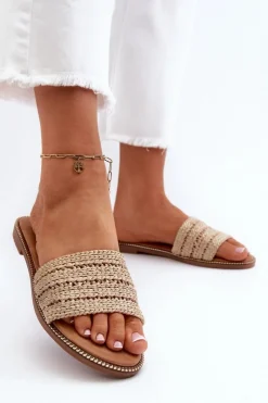 New Klapki Damskie Z Plecionką Na Płaskim Obcasie Beżowe Radians Damskie Klapki Damskie Klasyczne
