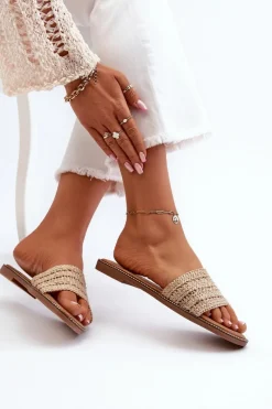 New Klapki Damskie Z Plecionką Na Płaskim Obcasie Beżowe Radians Damskie Klapki Damskie Klasyczne