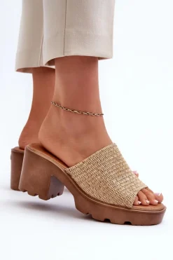 Discount Klapki Damskie z Plecionką Na Obcasie Beżowe Titantha Damskie Klapki Na Obcasie|Klapki Damskie Klasyczne