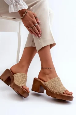 Discount Klapki Damskie z Plecionką Na Obcasie Beżowe Titantha Damskie Klapki Na Obcasie|Klapki Damskie Klasyczne