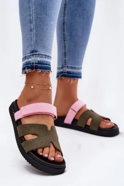 Klapki Na Platformie|Klapki Damskie Klasyczne>Buty damskie Vinceza Klapki Damskie Z Rzepem Vinceza 17401 Zielono-Różowe Zielony