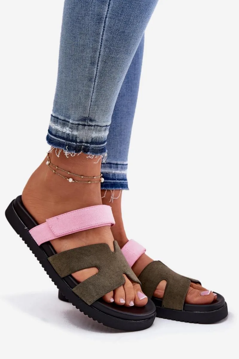 Klapki Na Platformie|Klapki Damskie Klasyczne>Buty damskie Vinceza Klapki Damskie Z Rzepem Vinceza 17401 Zielono-Różowe Zielony