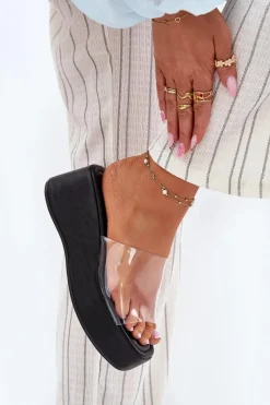 New Boto Klapki Damskie Z Transparentnym Paskiem Na Koturnie Czarne Meltiana Czarny