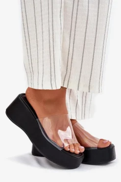 New Boto Klapki Damskie Z Transparentnym Paskiem Na Koturnie Czarne Meltiana Czarny