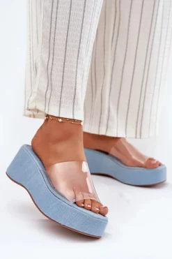 Klapki Na Koturnie|Klapki Na Platformie>Boto Klapki Damskie Z Transparentnym Paskiem Na Koturnie Jeansowe Meltiana Niebieski