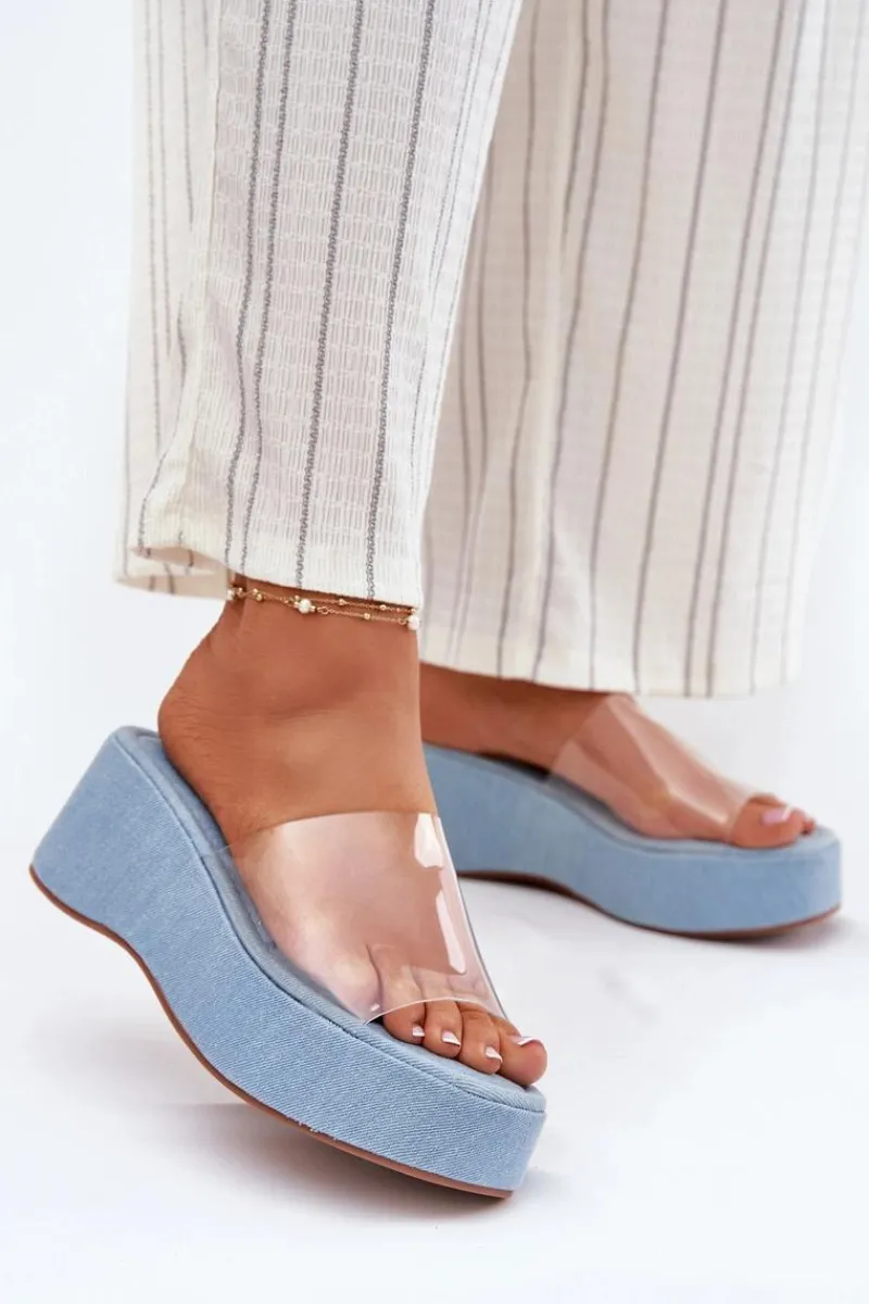 Klapki Na Koturnie|Klapki Na Platformie>Boto Klapki Damskie Z Transparentnym Paskiem Na Koturnie Jeansowe Meltiana Niebieski